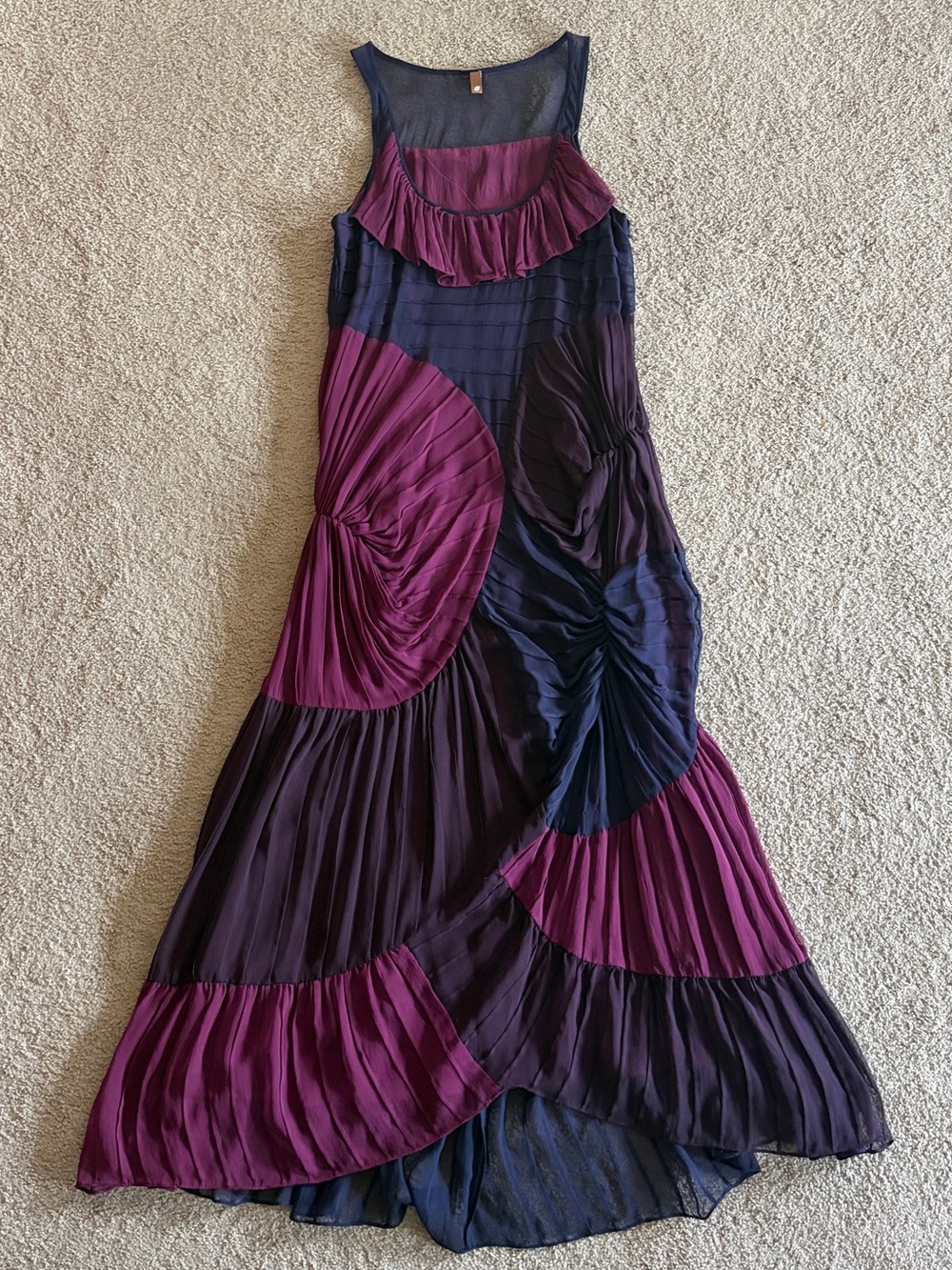 Mint Silk Colorblock Ruffle Pleated Maxi Dress Fully Lined Size 4